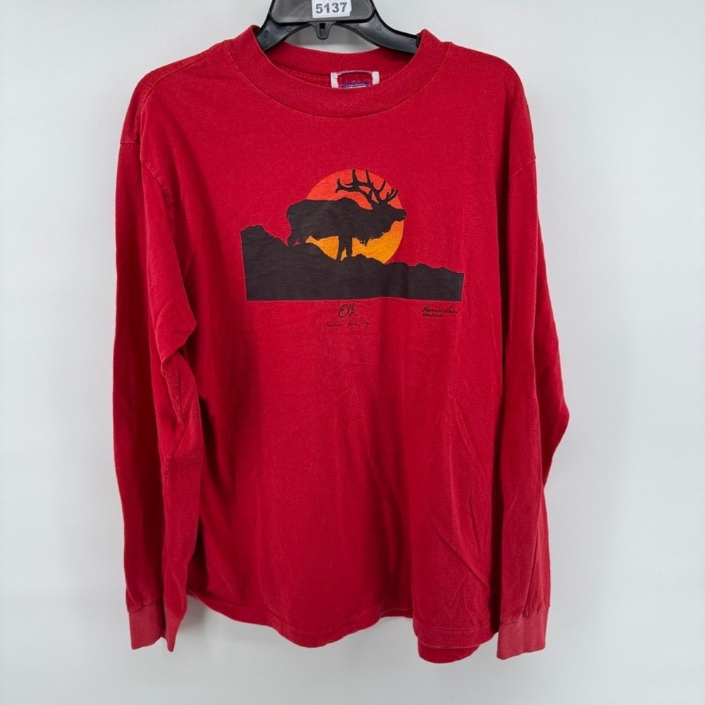 Vintage 90s USAA Elk Jackson Hole Wyoming Red Long Sleeve Graphic T-Shirt XL